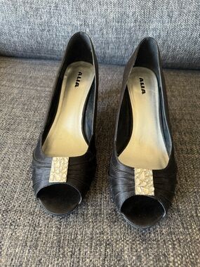 Alia Black Peep-Toe Heels with Gold Decorative Accent